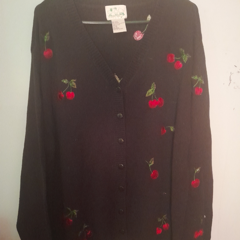 PreoThe Quacker Factory sweater cardigan 1X in cherries cherry button covers NWT